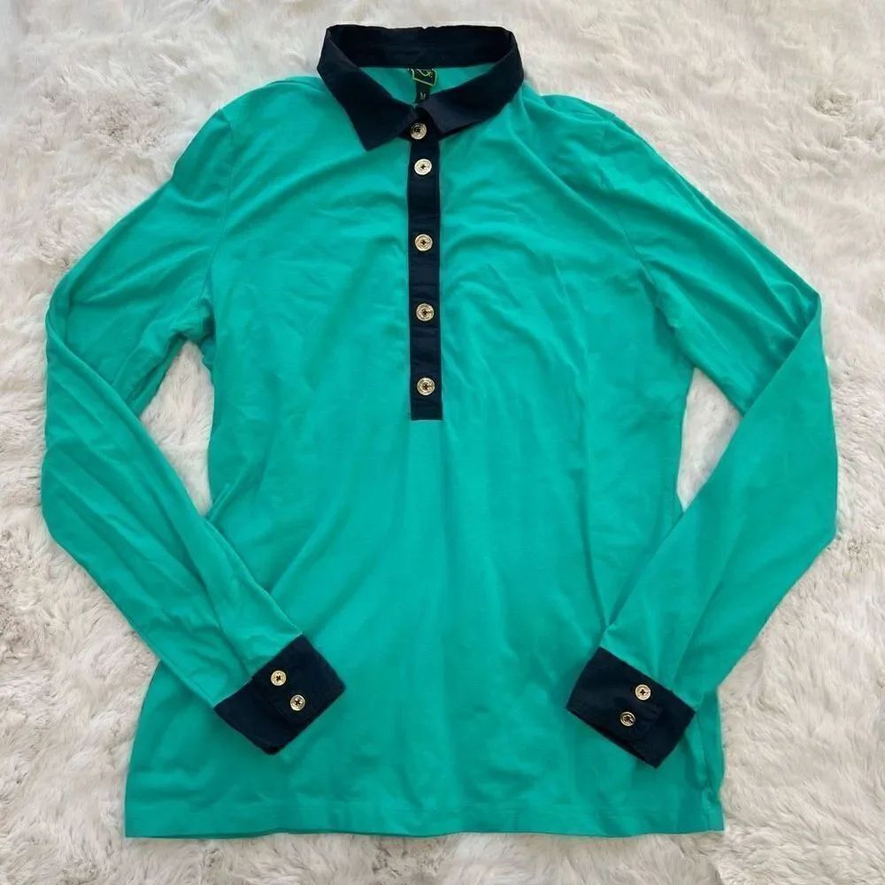 C Wonder Long Sleeve Polo Shirt Collared Top Teal Navy Gold Buttons Preppy sz M